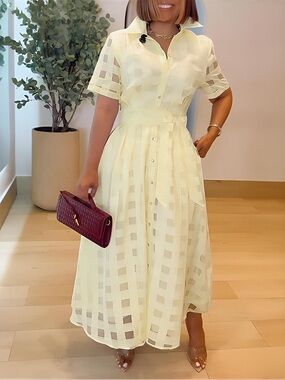 NWT Chicme Champagne Checkered Button Down Dress L O94